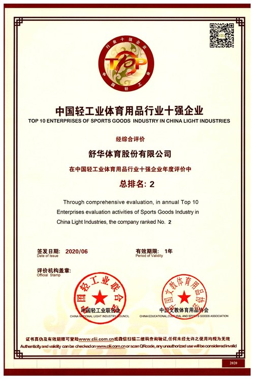 恭賀銳強(qiáng)體育代理的品牌-舒華榮獲"中國輕工業(yè)體育用品行業(yè)十強(qiáng)企業(yè)"